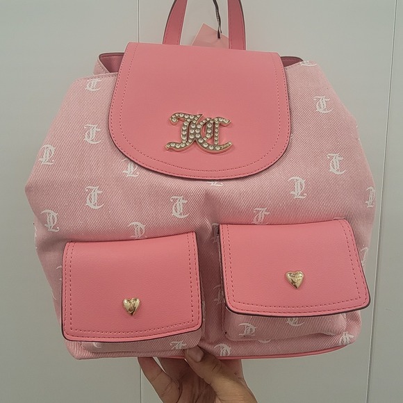 NEW! Juicy Couture Pink & White Glitter "Pack It Up" Multi Pockets Chic Backpack - Picture 1 of 15